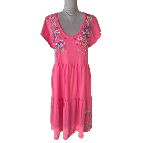 Johnny Was Tiered Embroidered Cotton Midi Dress Boho Artsy Coral Pink Medium - Picture 2 of 9